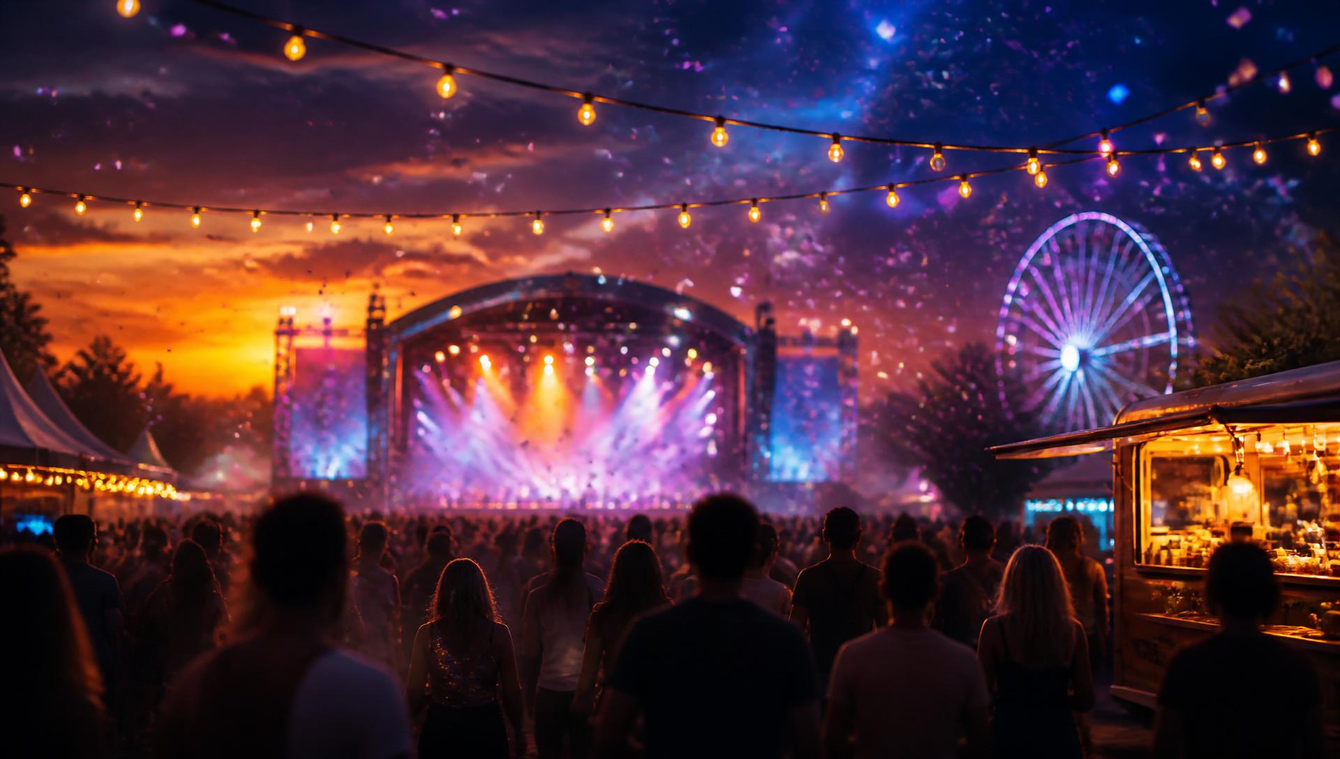 Abendliche Festival-Atmosphäre mit Konzertbühne, Lichterketten und Riesenrad